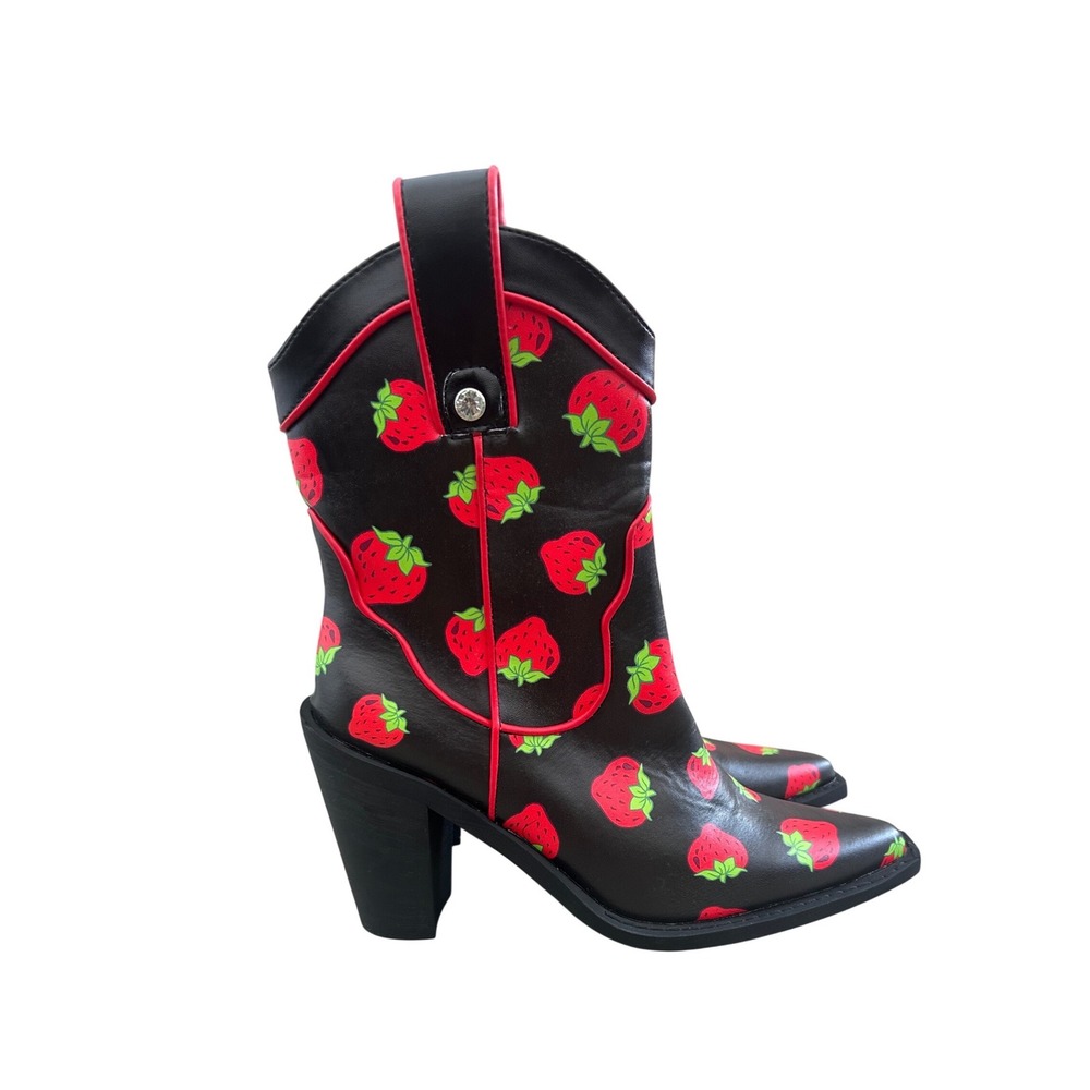 Dolls Kill x Strawberry Shortcake Black Strawberry Print Cowboy Boots 9M Western